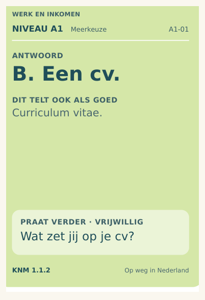 Echte achterkant met antwoord van vraagkaart A1-01